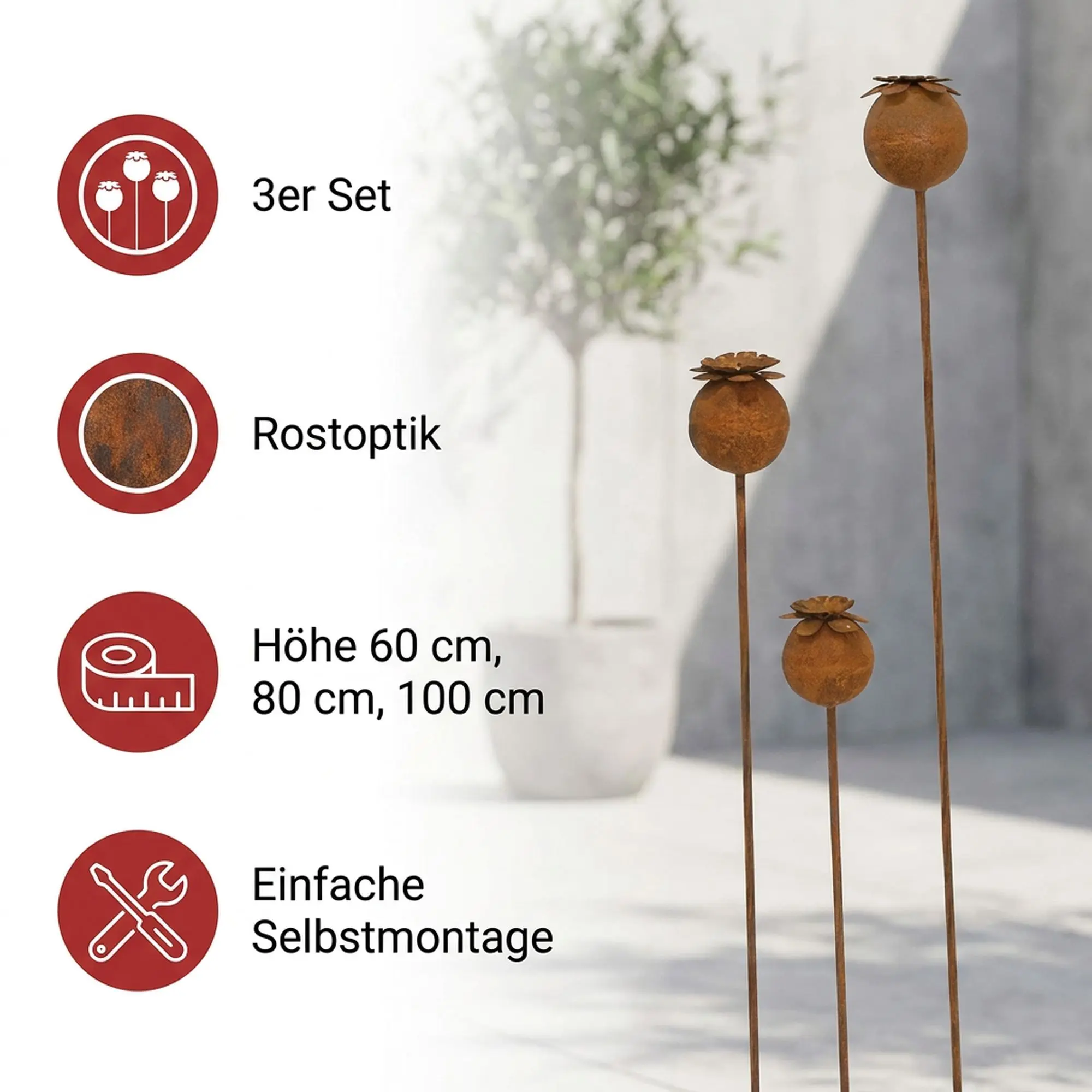 Gartenstecker "Mohn", 3er Set  im Frank Flechtwaren Online Shop für Rostdeko für Ihren Garten kaufen