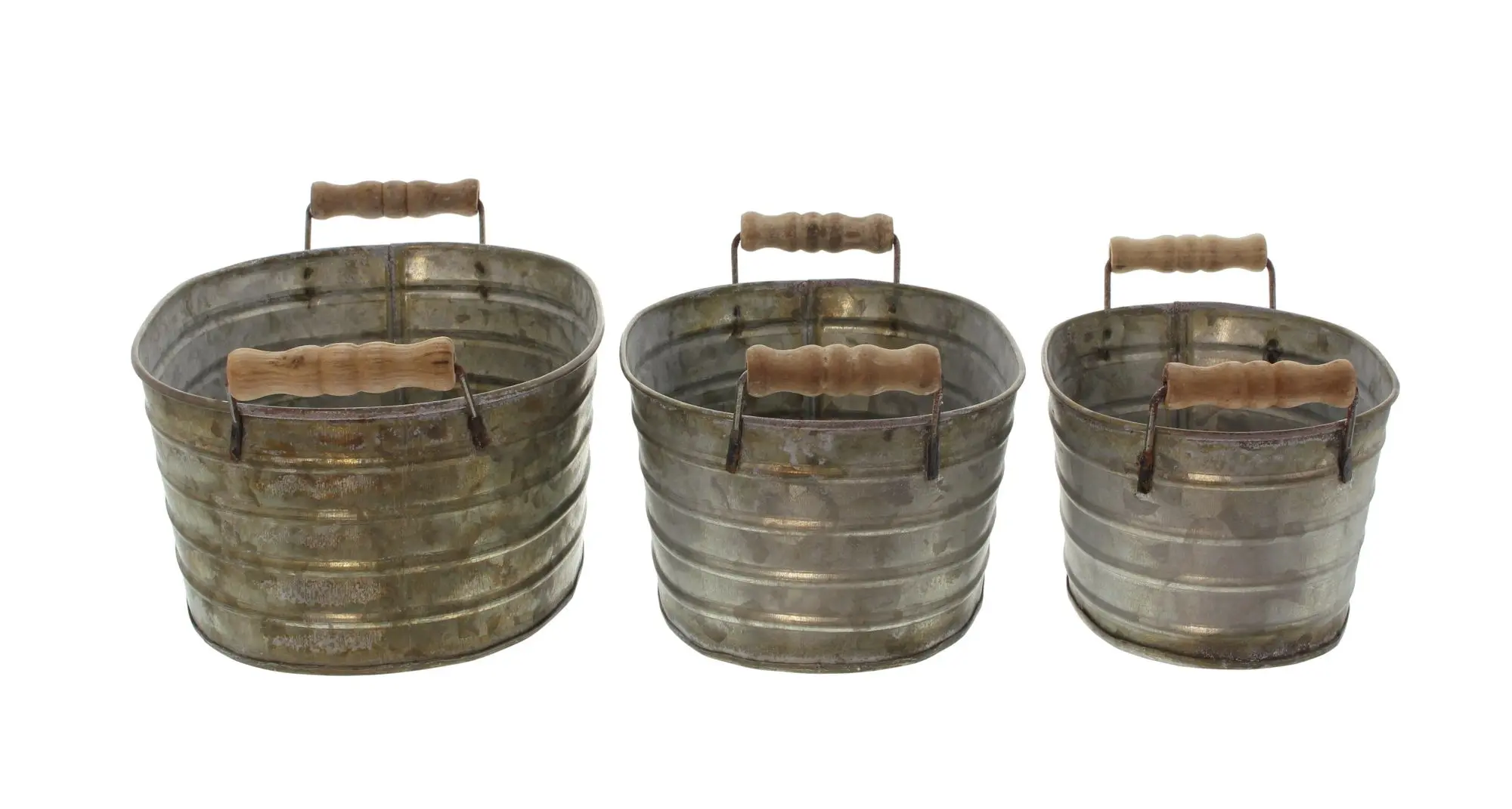 Metallwanne mit Holzgriffen, 3er Set  im Frank Flechtwaren Online Shop für Pflanztöpfe kaufen