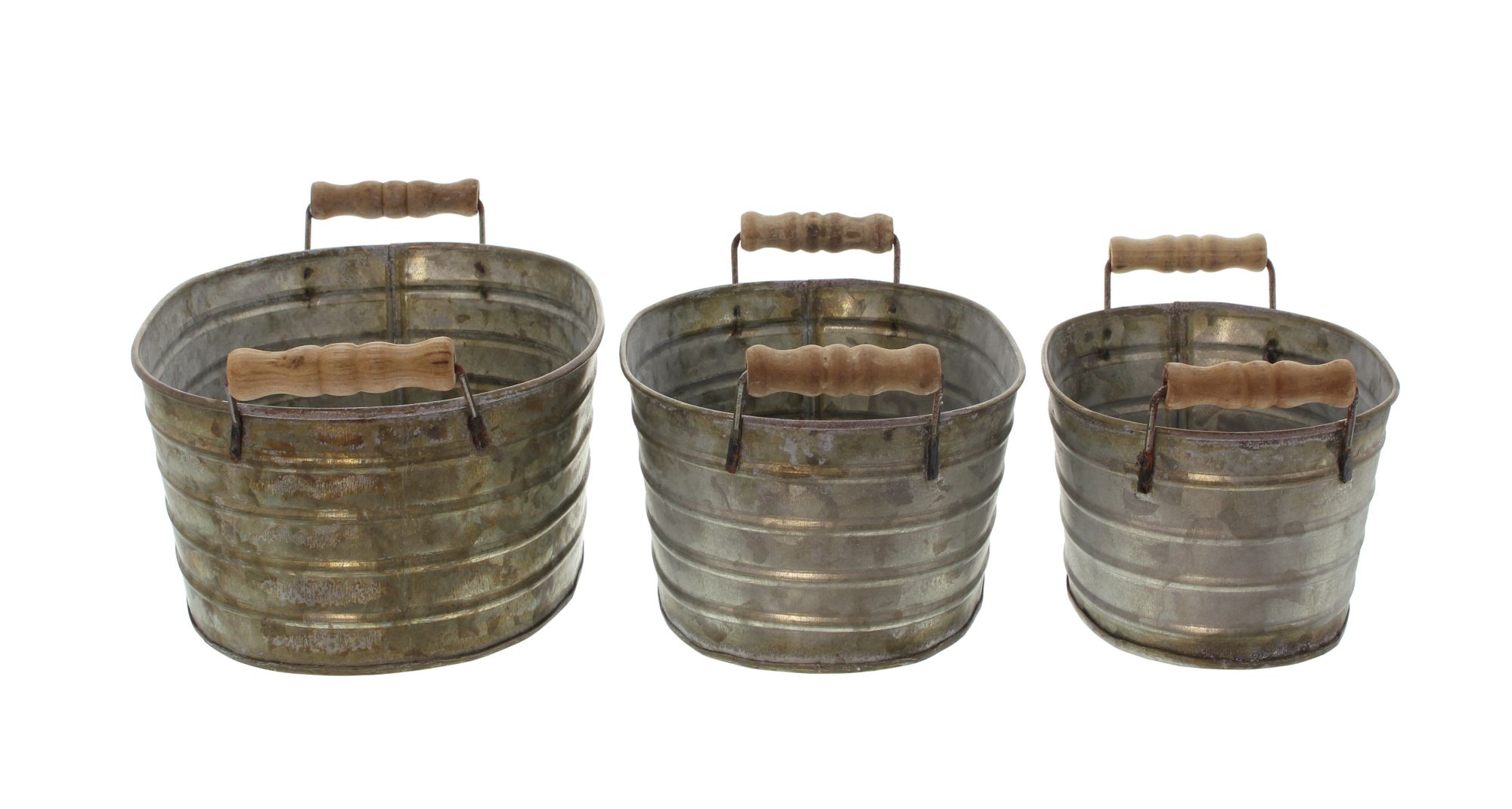 Metallwanne mit Holzgriffen, 3er Set im Frank Flechtwaren Online Shop für Pflanztöpfe kaufen Metallwanne mit Holzgriffen, 3er Set im Frank Flechtwaren Online Shop für Pflanztöpfe kaufen