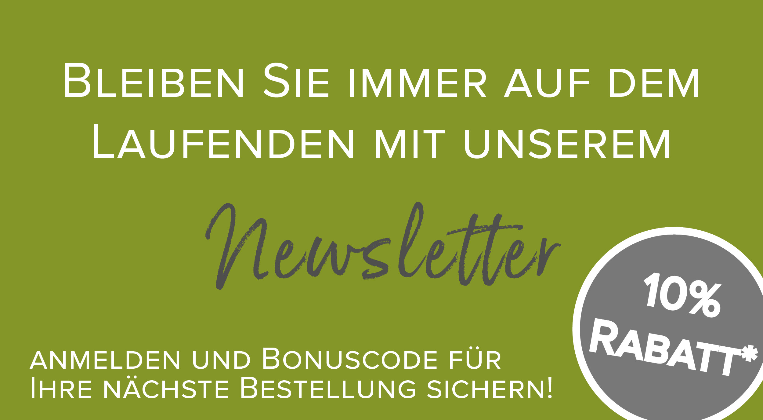 Newsletter‑Anmeldung: grüne Grafik mit Hinweis auf Bonuscode und zehn Prozent Rabatt