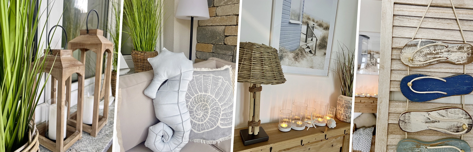 Collage mit maritimer Wohn‑ und Terrassendekoration: Holzlaternen mit Kerzen und Ziergräsern, Outdoor‑Kissen mit Muschelmotiv, Sideboard mit Glaswindlichtern und maritime Wanddeko mit Flipflops