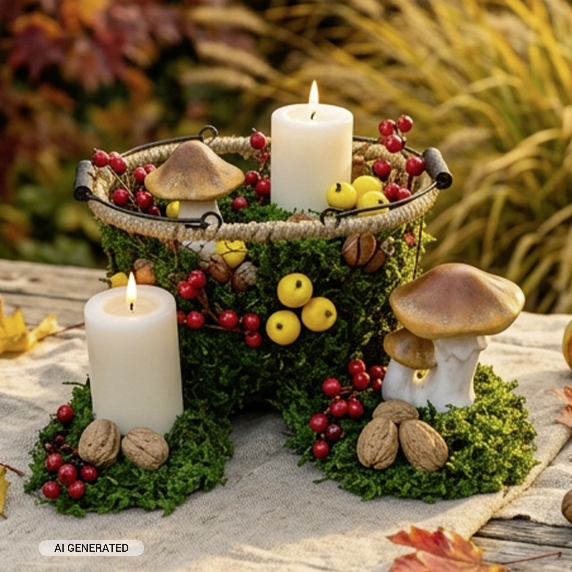 Herbstdeko: Mooskranz mit Kerzen, Beeren, Nüssen und Keramikpilzen als natürliche Tischdekoration