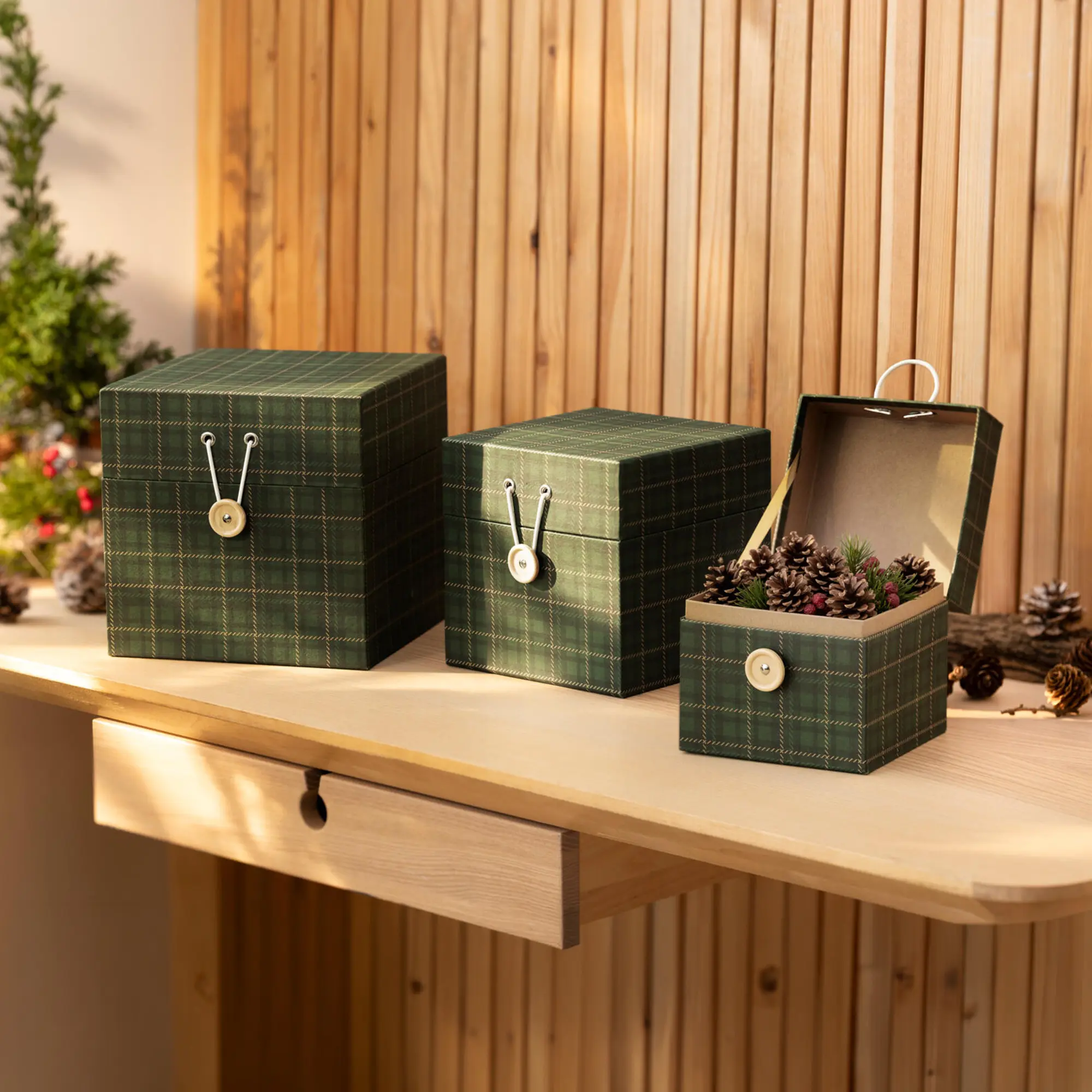 Geschenkbox "Grün kariert", 3er Set  im Frank Flechtwaren Online Shop kaufen