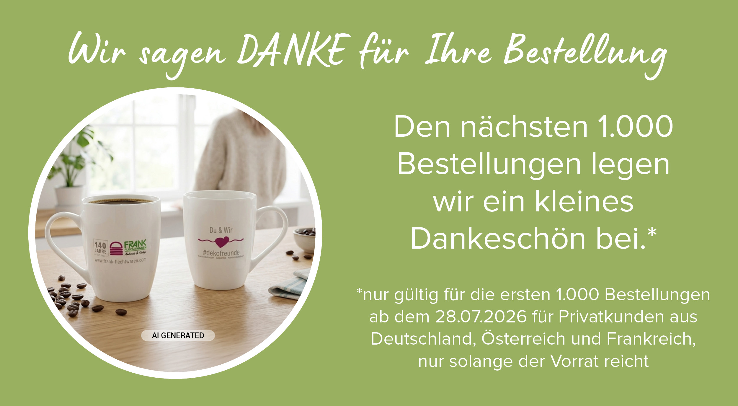 Give-away: weiße Kaffeetassen als kleines Dankeschön zur Bestellung für Genießer
