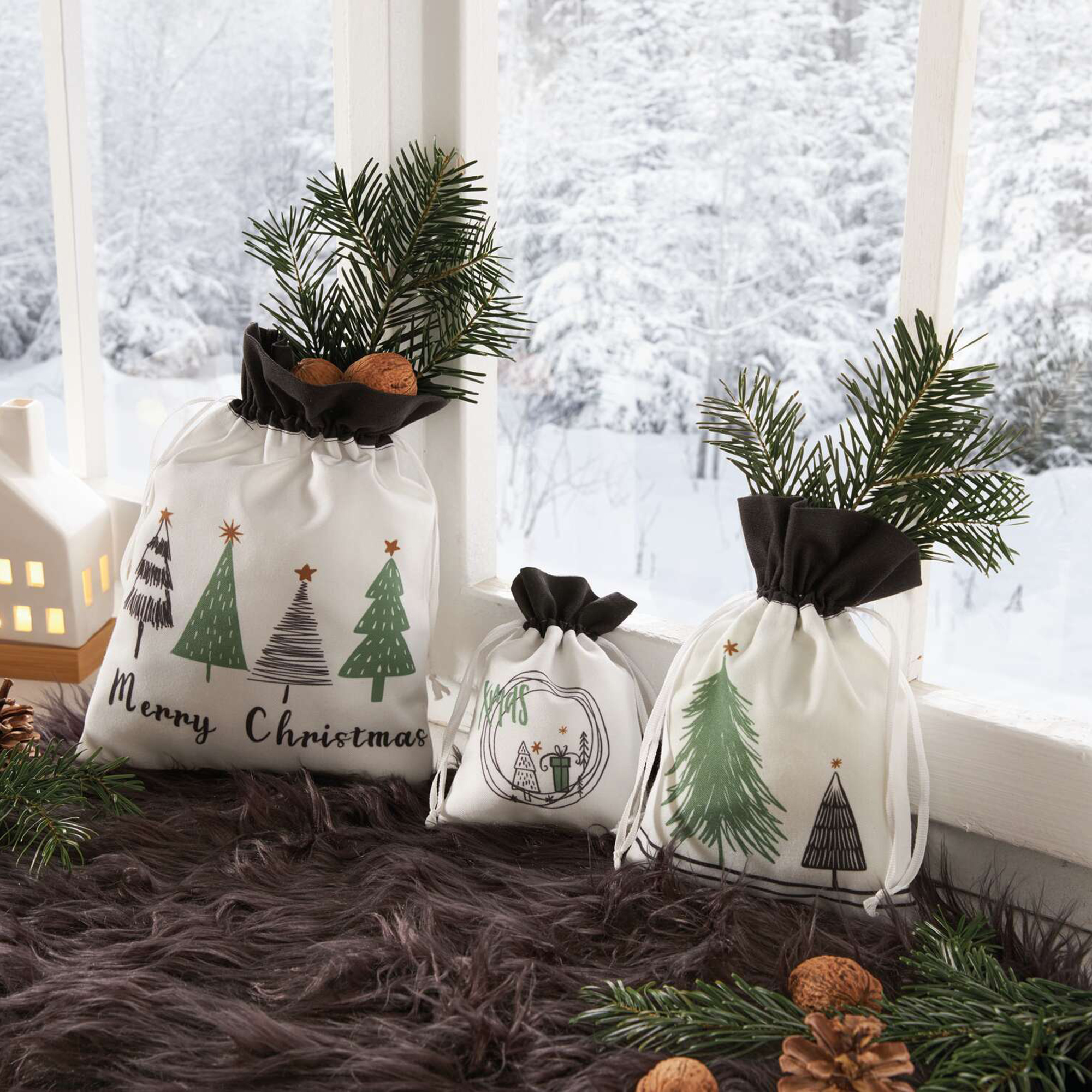 Geschenktäschchen "XMAS", 3er Set  im Frank Flechtwaren Online Shop für Weihnachten kaufen