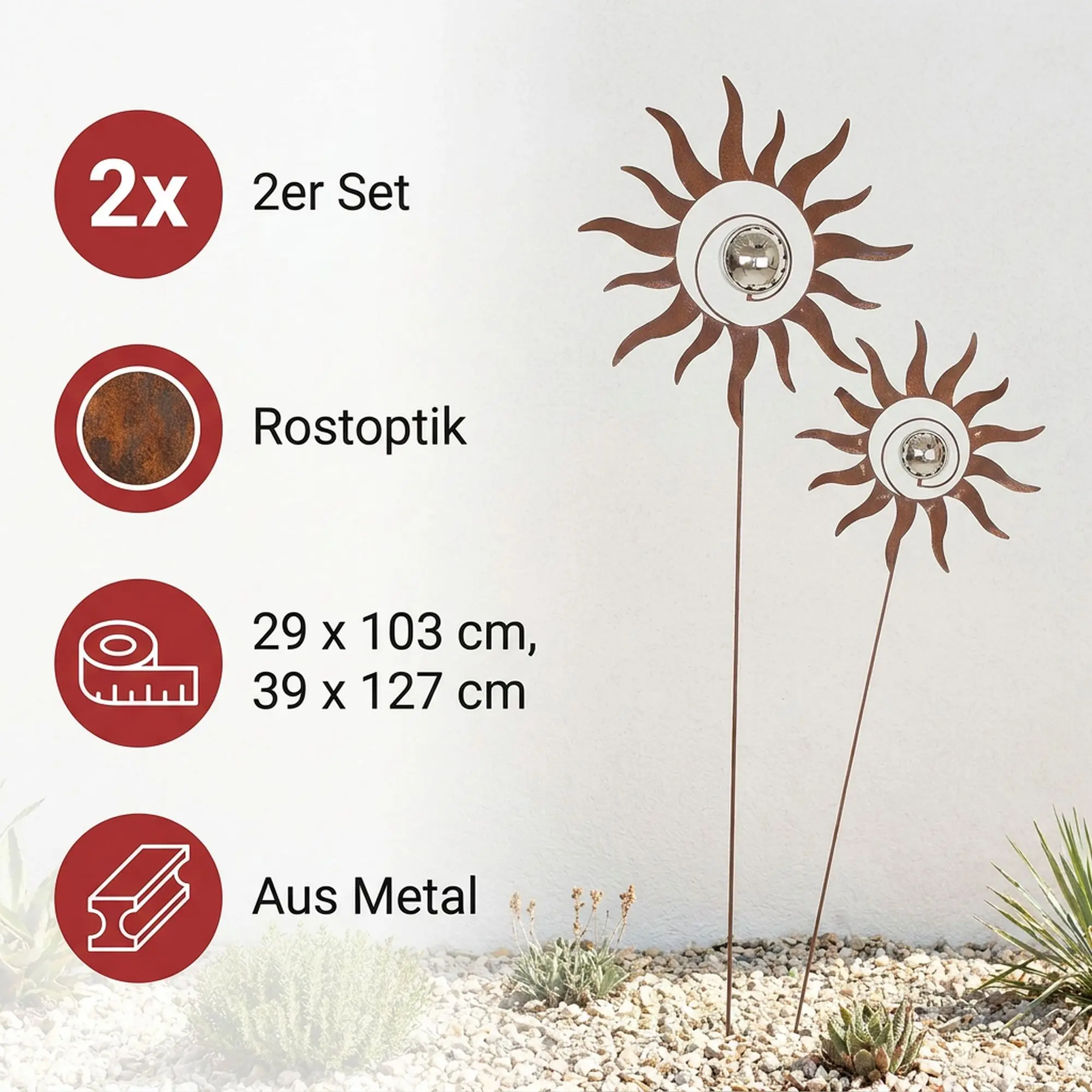 Gartenstecker "Kugelsonne", 2er Set  im Frank Flechtwaren Online Shop für Rostdeko für Ihren Garten kaufen