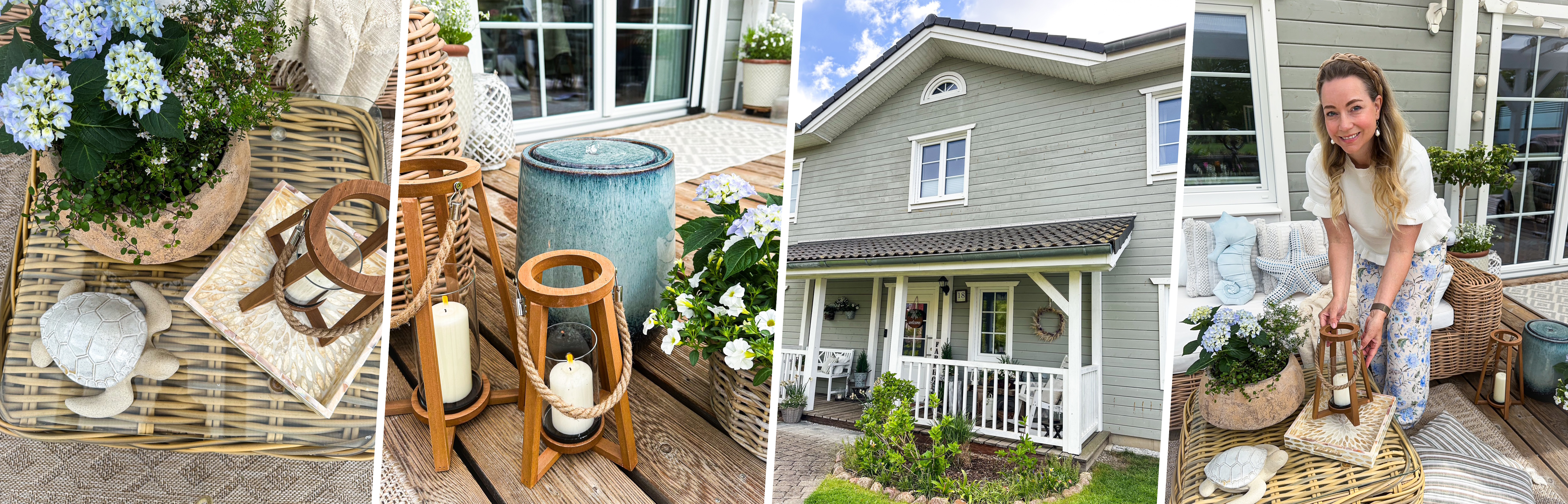 Gartendeko: Collage mit Rattanmöbeln, Laternen, Hortensien und Hausfassade als Terrasseninspiration