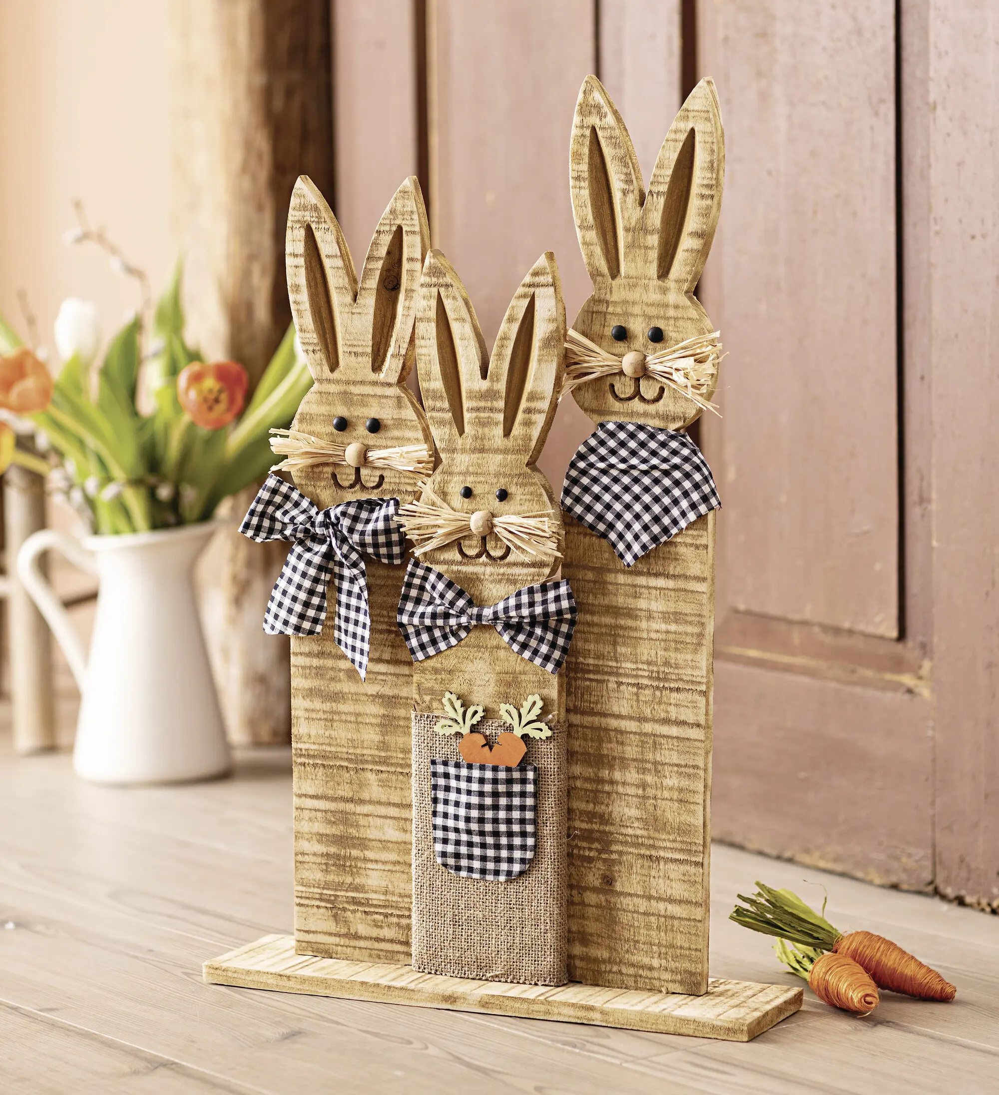 Hasentrio "Karo-Look"  im Frank Flechtwaren Online Shop für Ostern kaufen