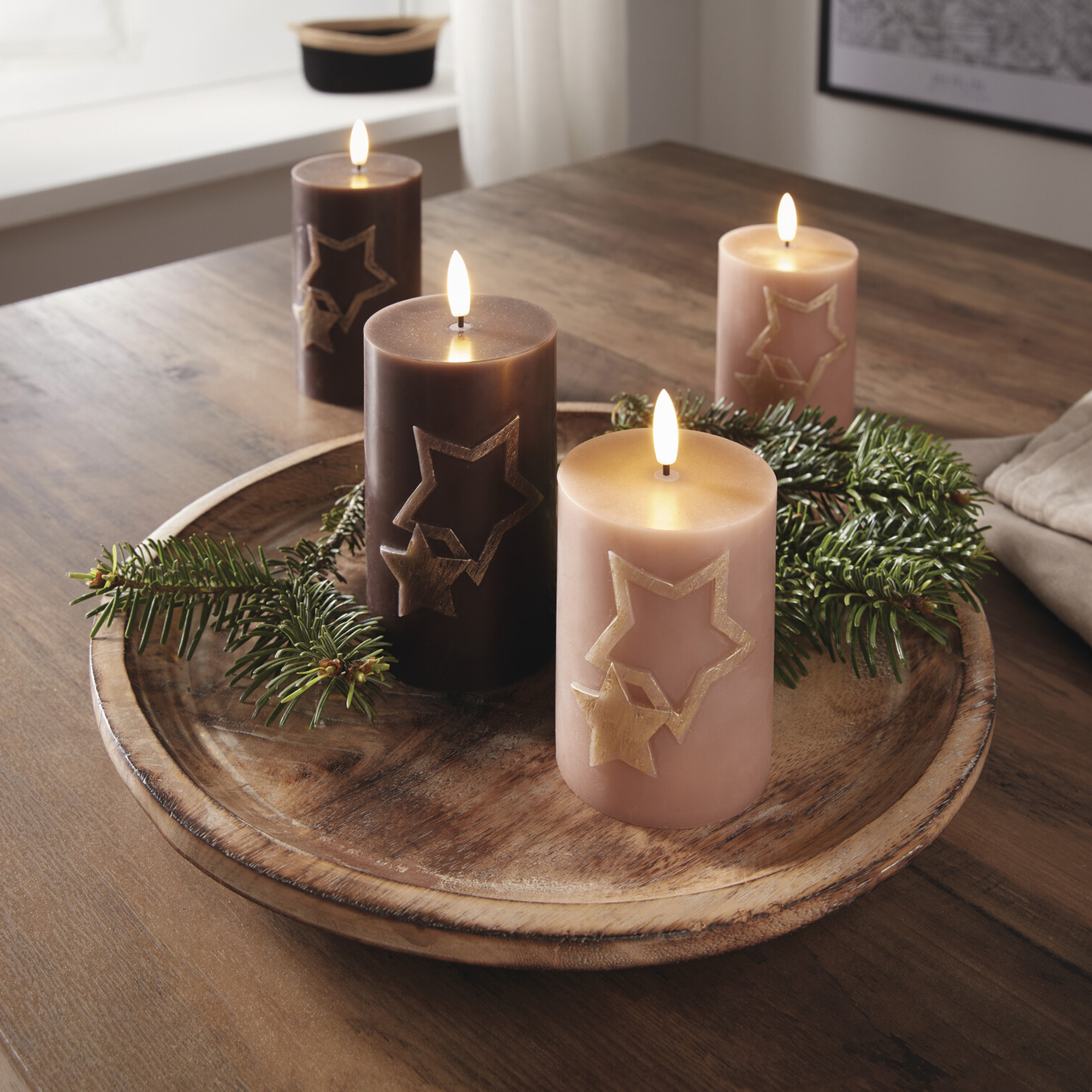 LED-Kerze "Sterne", beige, 2er Set  im Frank Flechtwaren Online Shop kaufen