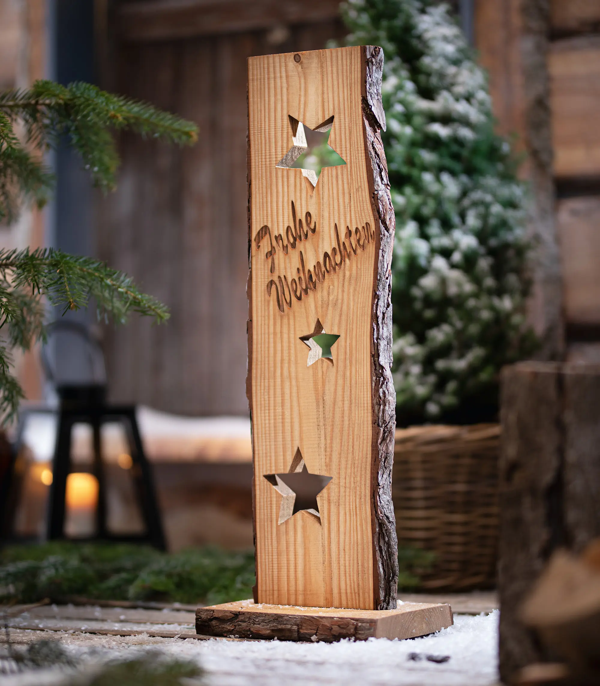 Holzsäule "Frohe Weihnachten"  im Frank Flechtwaren Online Shop für Weihnachten kaufen