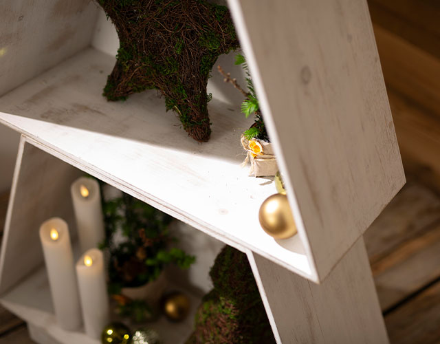 Weihnachtsdeko: grüner Moosstern mit weißen Zierfasern als natürliche Wanddekoration