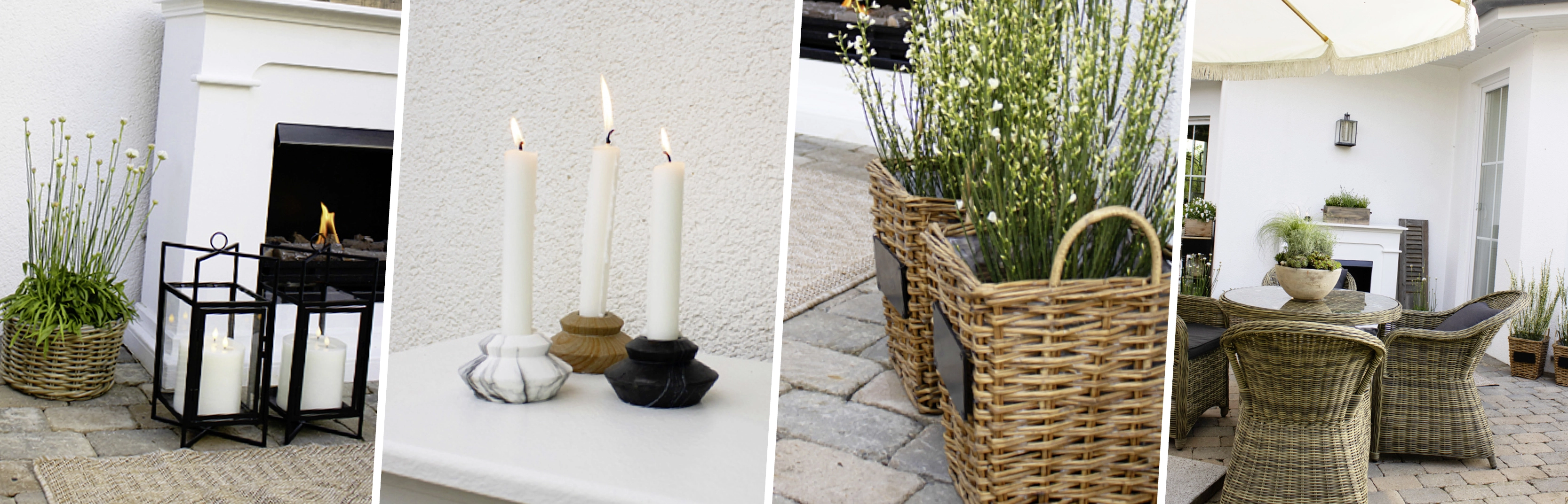 Collage von Terrassen‑ und Gartendekoration mit bepflanzten Flechtkörben, schwarzen Metalllaternen mit Kerzen, weißen Stabkerzen in Kerzenhaltern, Outdoor‑Kamin sowie Rattan‑Sitzgruppe vor weißer Hausfassade