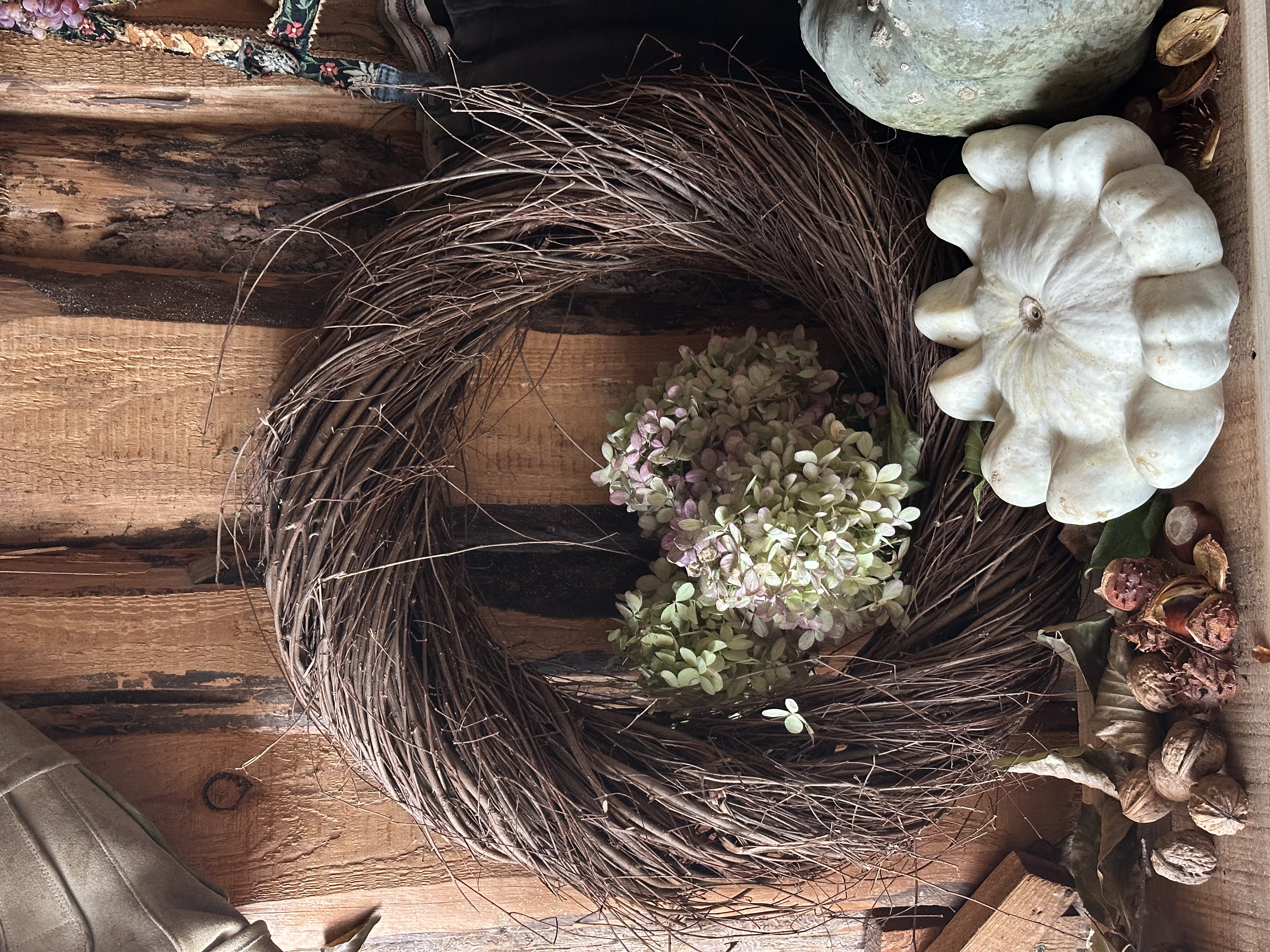 Herbstdeko: Zweigkranz mit Hortensien, weißen Zierkürbissen und Nüssen als natürliche Dekoration