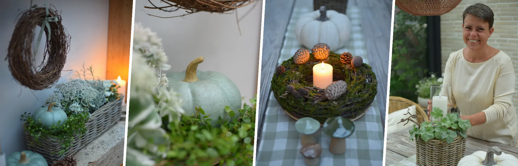 Herbstdeko: Collage mit Zierkürbissen, Mooskranz, Windlicht und Naturmaterialien im Landhausstil
