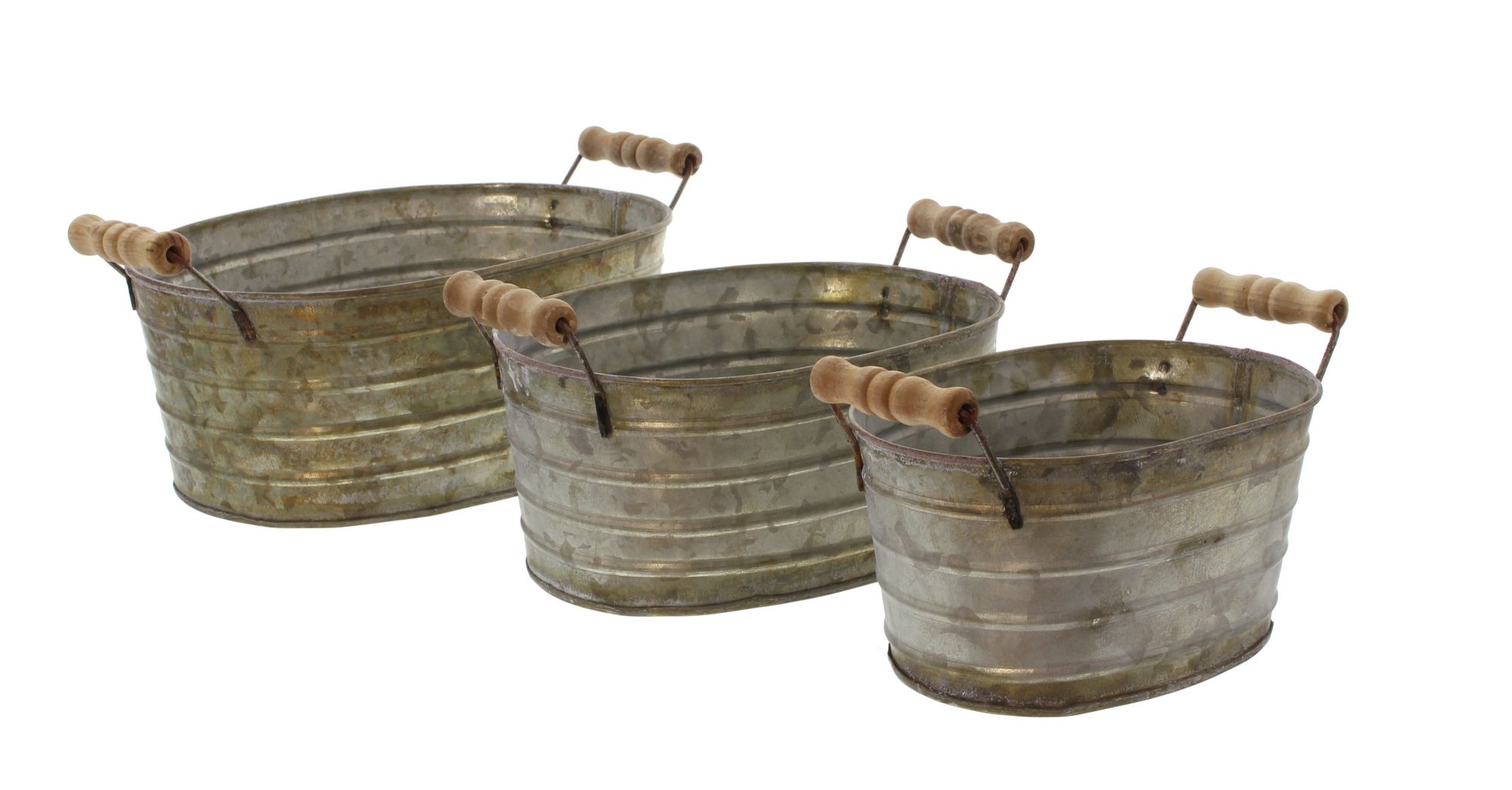 Metallwanne mit Holzgriffen, 3er Set im Frank Flechtwaren Online Shop für Pflanztöpfe kaufen Metallwanne mit Holzgriffen, 3er Set im Frank Flechtwaren Online Shop für Pflanztöpfe kaufen