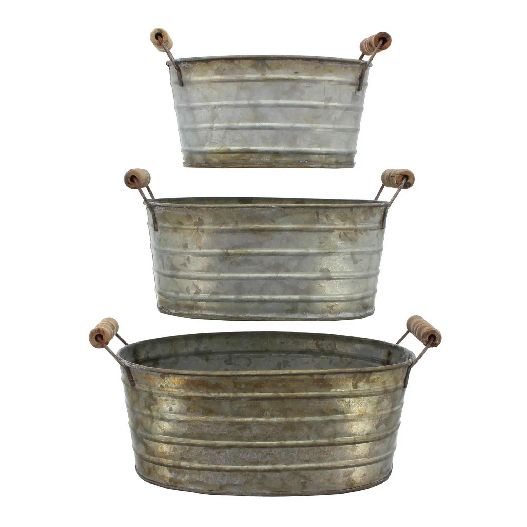 Metallwanne mit Holzgriffen, 3er Set  im Frank Flechtwaren Online Shop für Pflanztöpfe kaufen