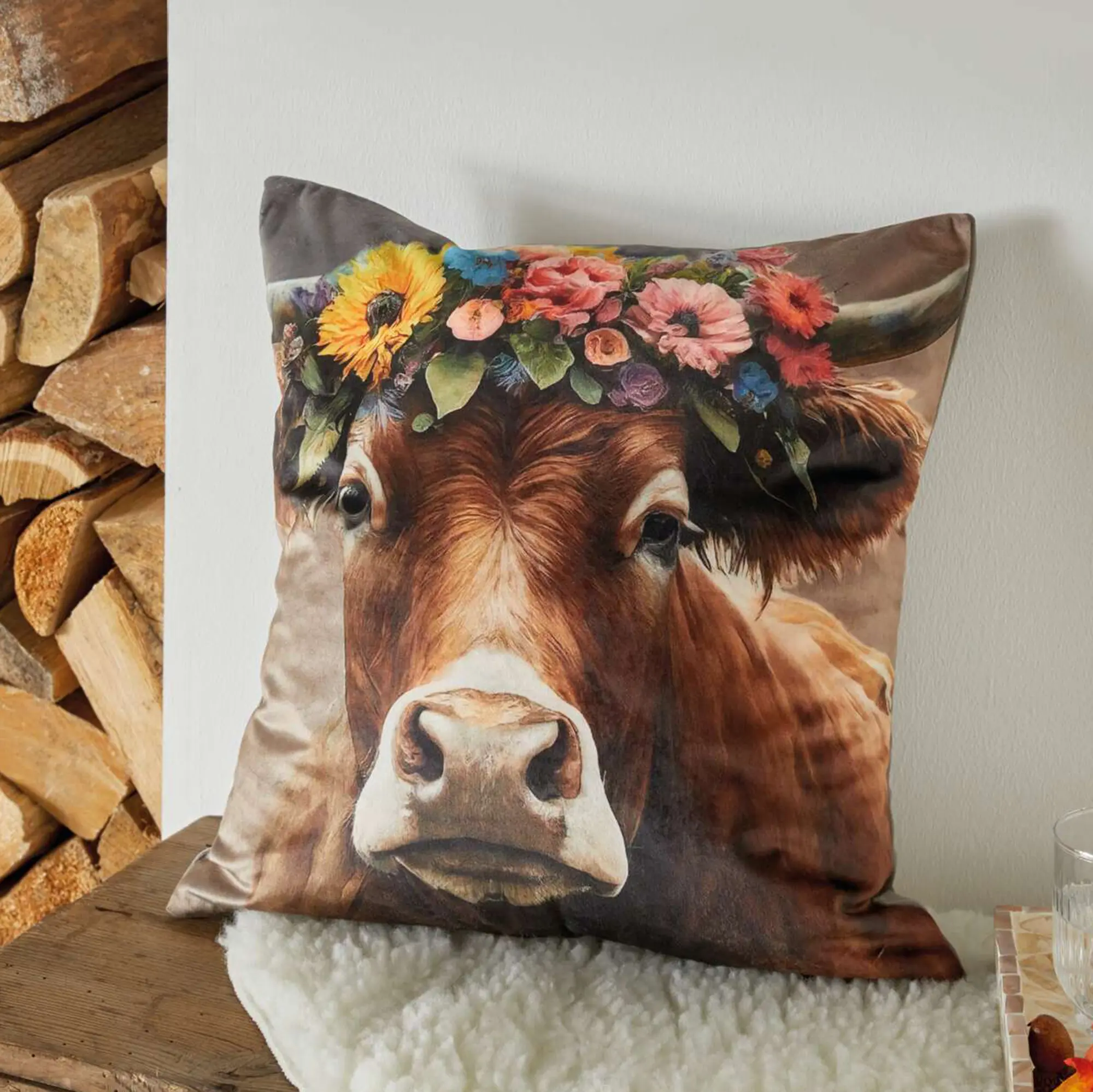 Kissenhülle "Kuh mit Blumenkranz"  im Frank Flechtwaren Online Shop kaufen