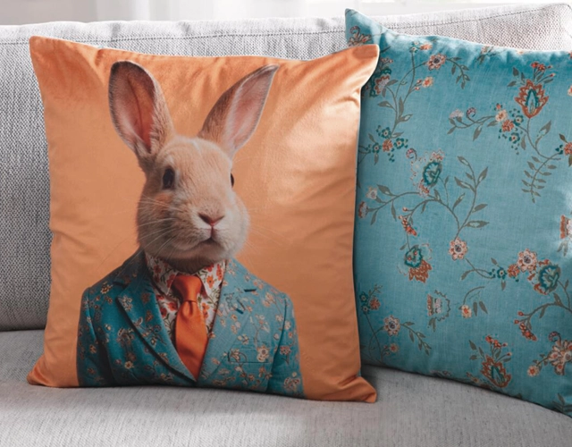Osterdeko: dekoratives Kissen mit Hasenmotiv im Anzug als moderne Sofadeko