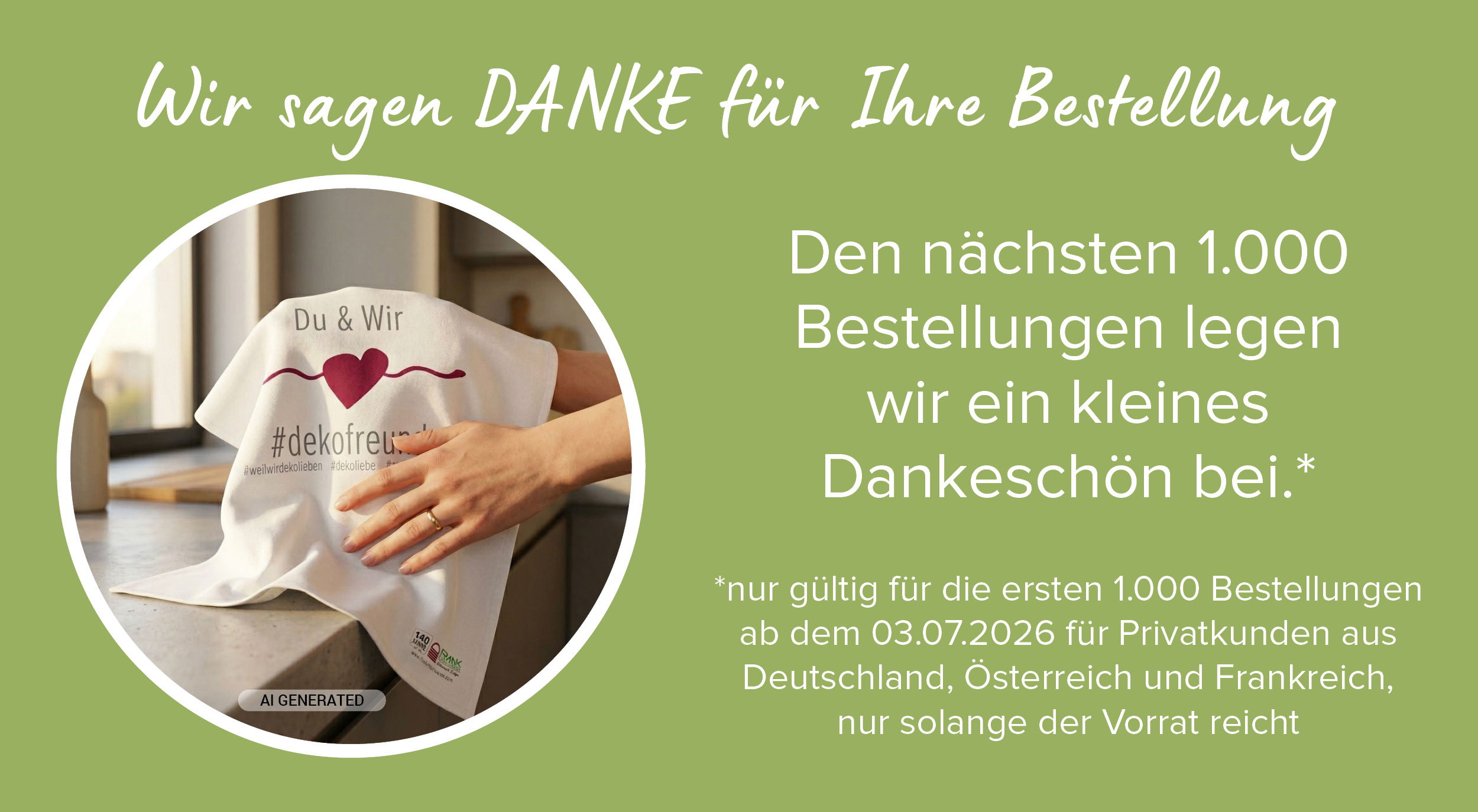 Give-away: weißes Geschirrtuch mit rotem Herzmotiv als kleines Dankeschön zur Bestellung