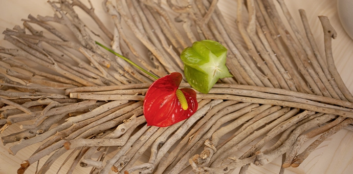 Naturdeko: Zweiggeflecht mit roter Anthurie und Sternfrucht als moderne Tischdekoration
