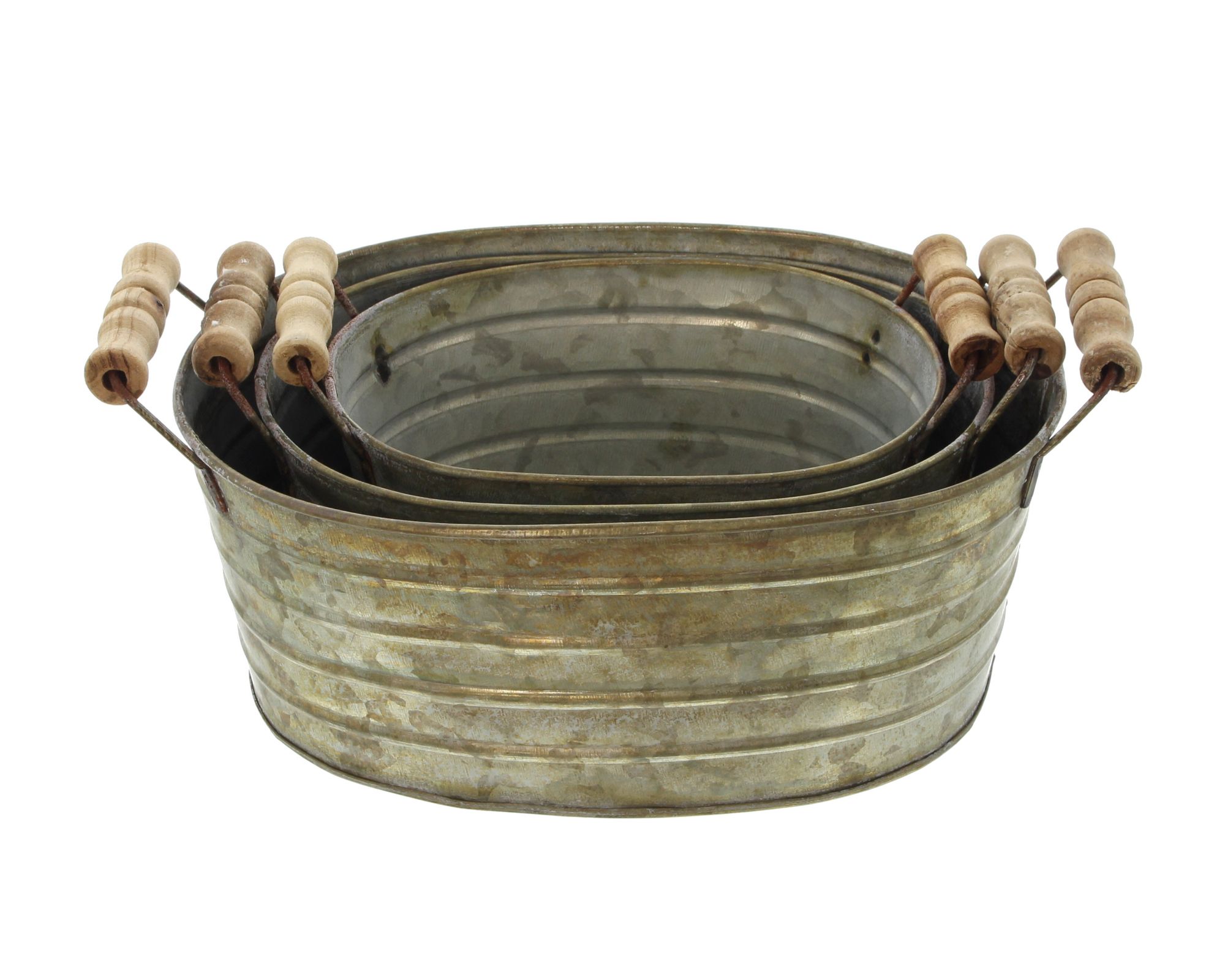 Metallwanne mit Holzgriffen, 3er Set im Frank Flechtwaren Online Shop für Pflanztöpfe kaufen Metallwanne mit Holzgriffen, 3er Set im Frank Flechtwaren Online Shop für Pflanztöpfe kaufen