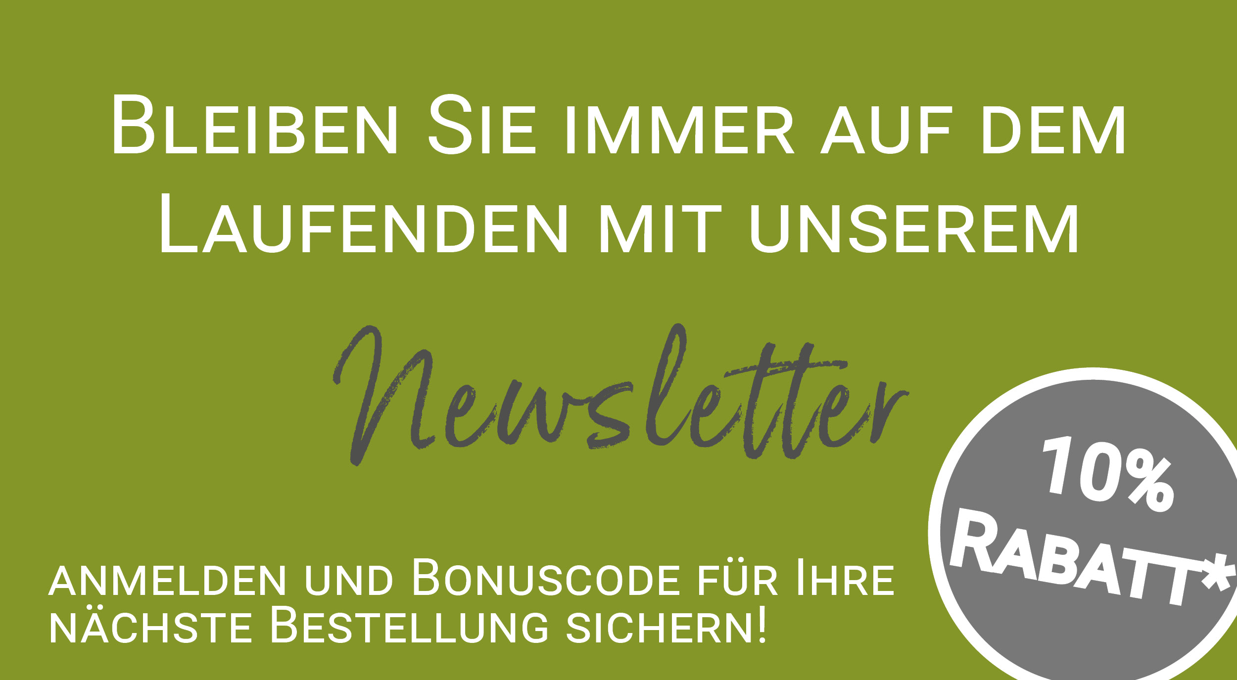 Newsletter‑Anmeldung: grüne Grafik mit Hinweis auf Bonuscode und zehn Prozent Rabatt