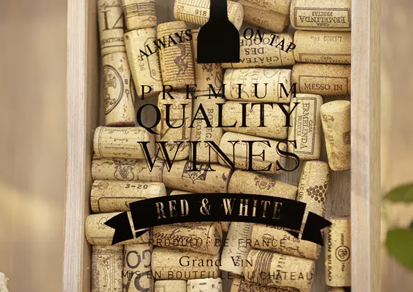 Geschenkgutschein mit Motiv eines dekorativen Bilderrahmens, gefüllt mit Weinkorken und Aufschrift ‚Premium Quality Wines – Red & White