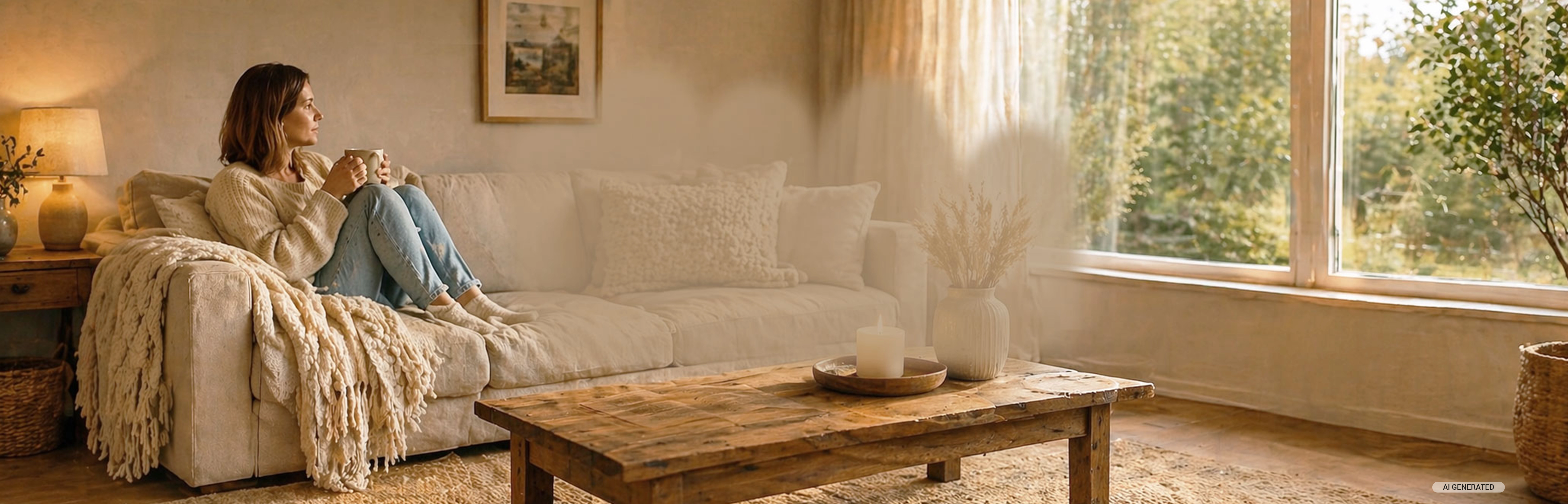 Wohninspiration: heller Wohnbereich mit Sofa, Holztisch, Kerze und natürlicher Dekoration