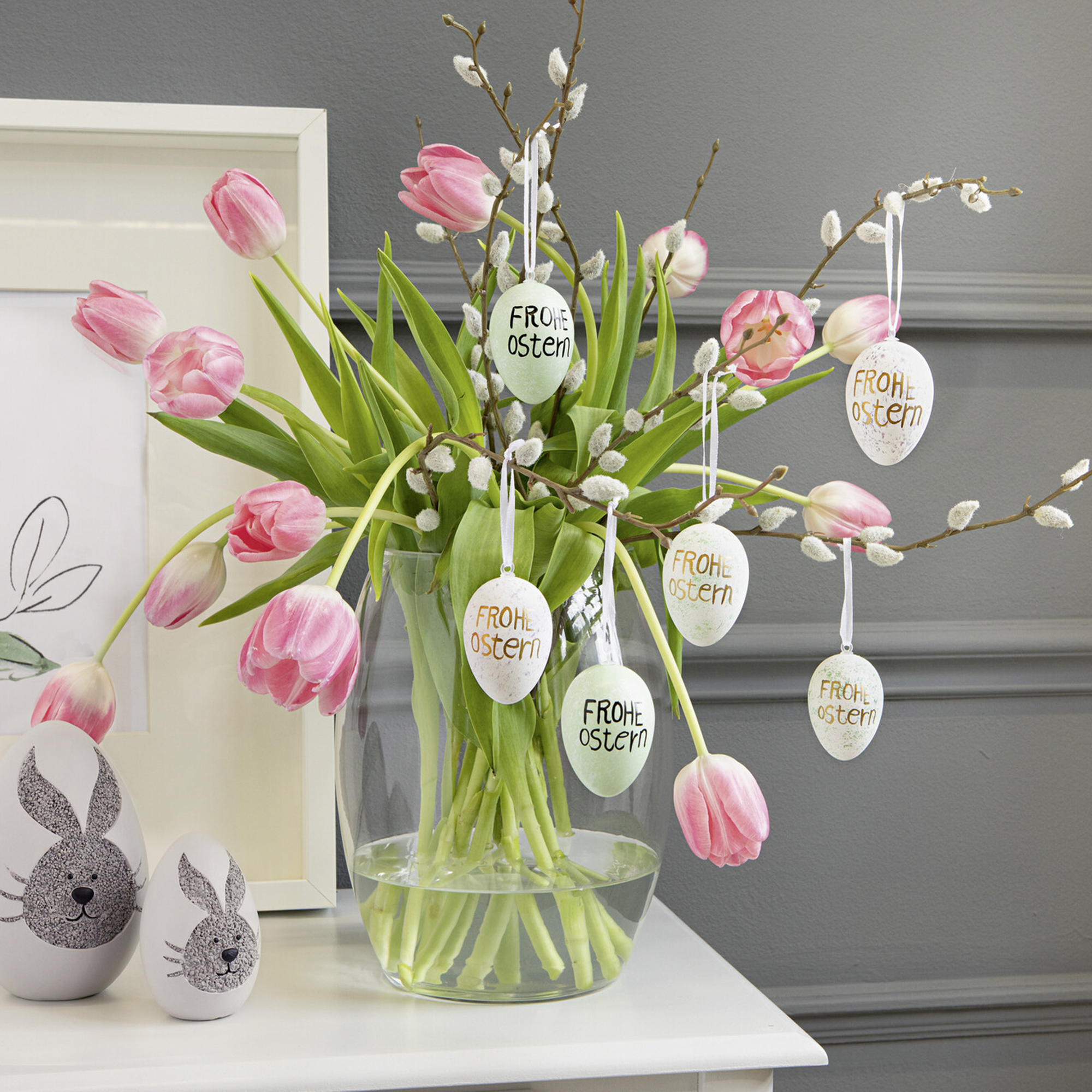 Deko-Ei "Frohe Ostern", 12er Set  im Frank Flechtwaren Online Shop für Ostern kaufen