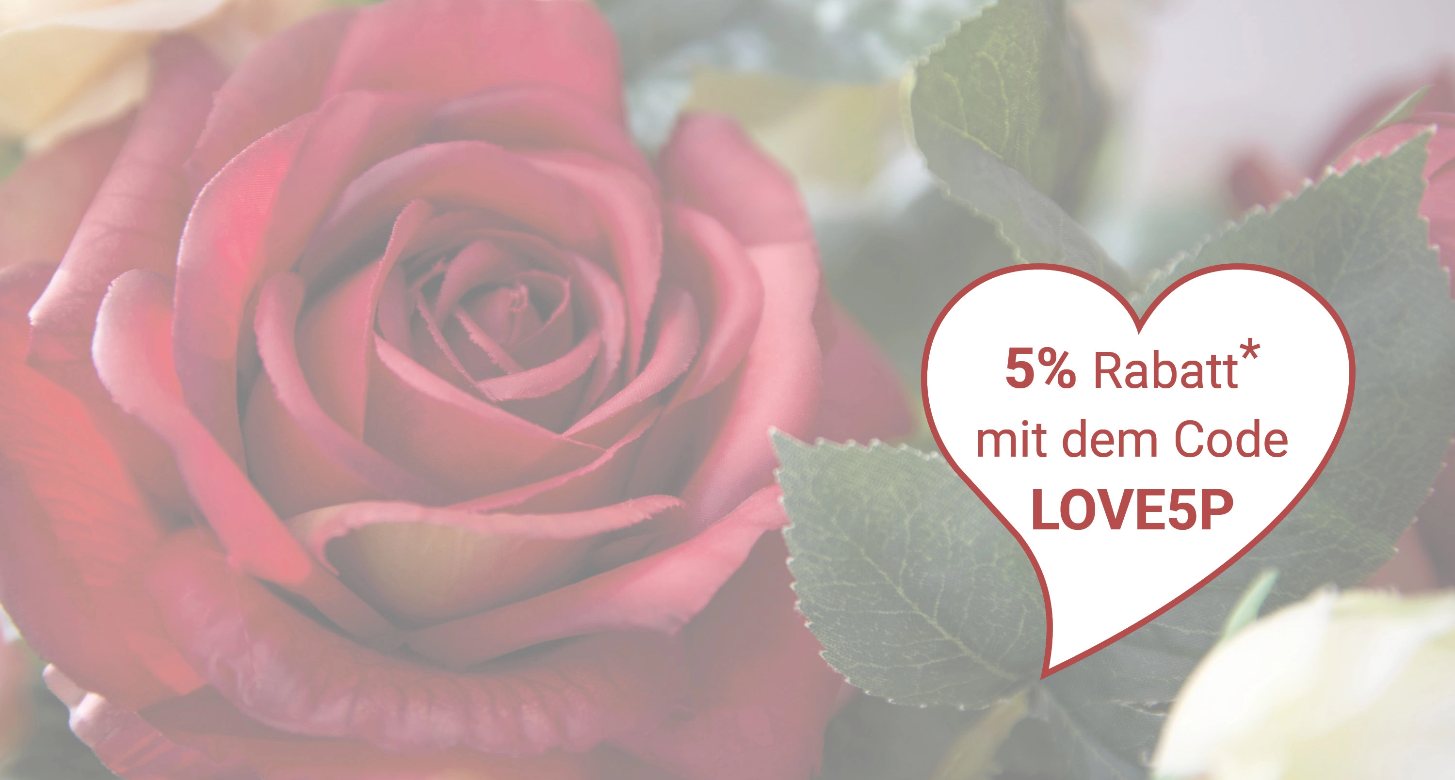 Valentinstagsdeko: rote Rose mit Herzmotiv und Rabattcode als romantische Werbegrafik