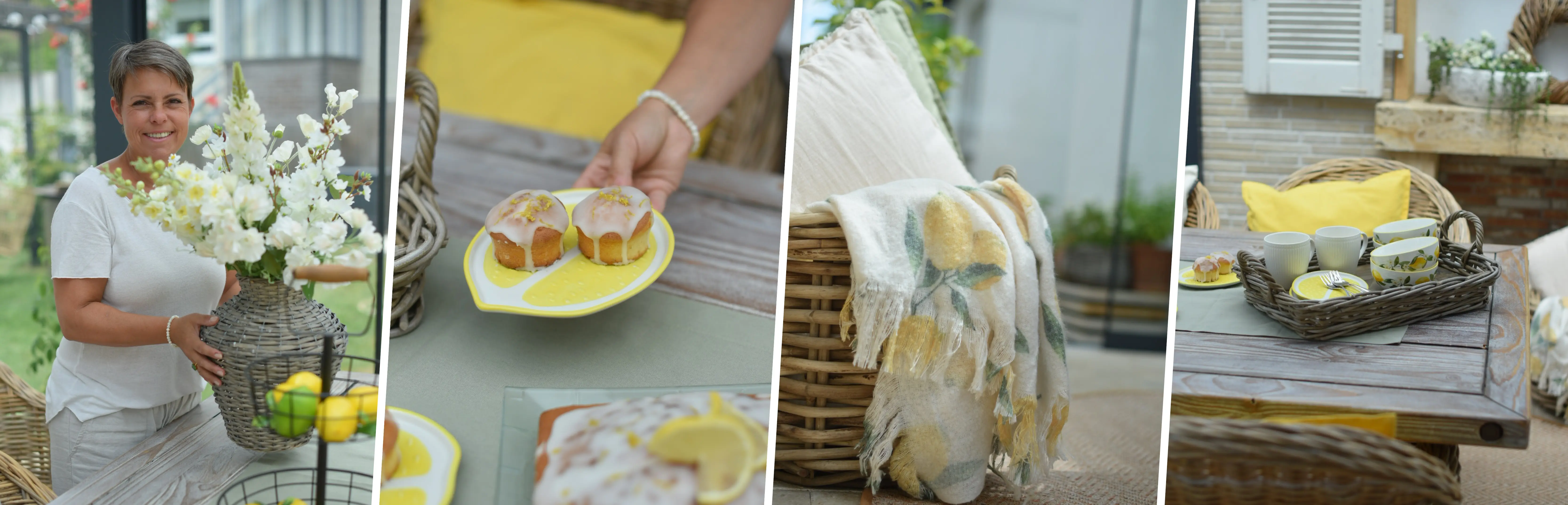 Wohninspiration: Zitronengeschirr, Korbwaren und Wohntextilien als sommerliche Terrassendekoration