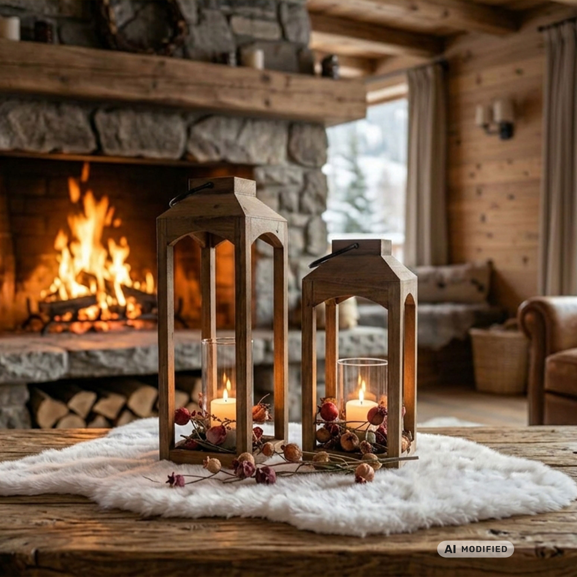 Winterdeko: Holzlaternen mit Kerzen auf Fell vor Kaminfeuer als gemütliche Chaletdekoration